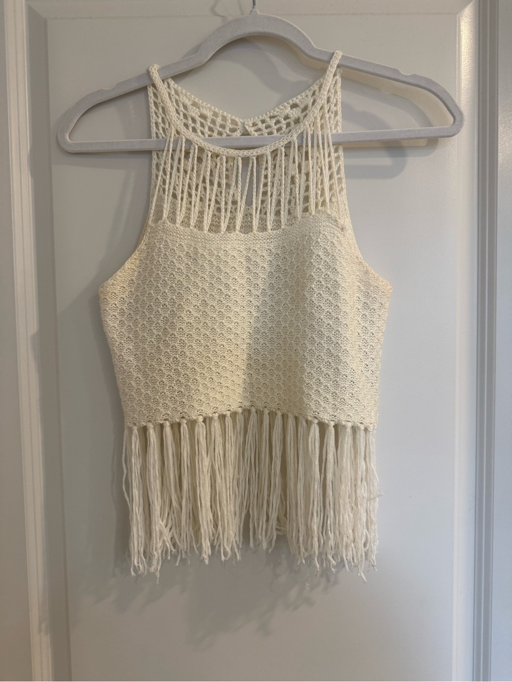 Cream Crochet Fringe Crop Top
